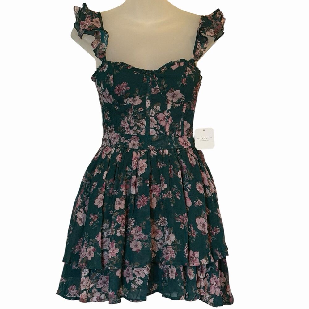Floral Boho Mini Dress Ruffle Tiered Cottagecore Festival XXS Hunter Green NWT🌿